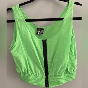 White Cactus Neon Green Zipper Nylon Crop Top